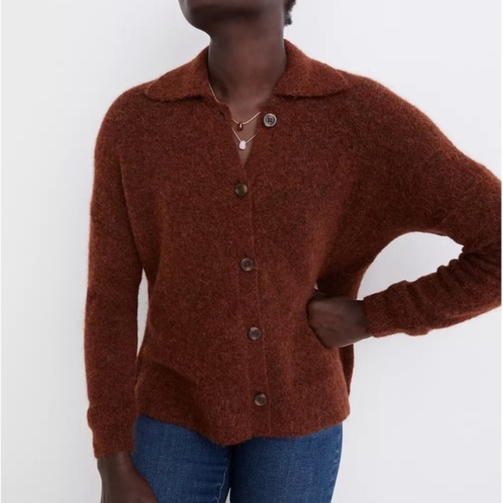 Madewell Alpaca Merino Wool Button Cardigan Rust Brown Boxy Cropped XXS Petite